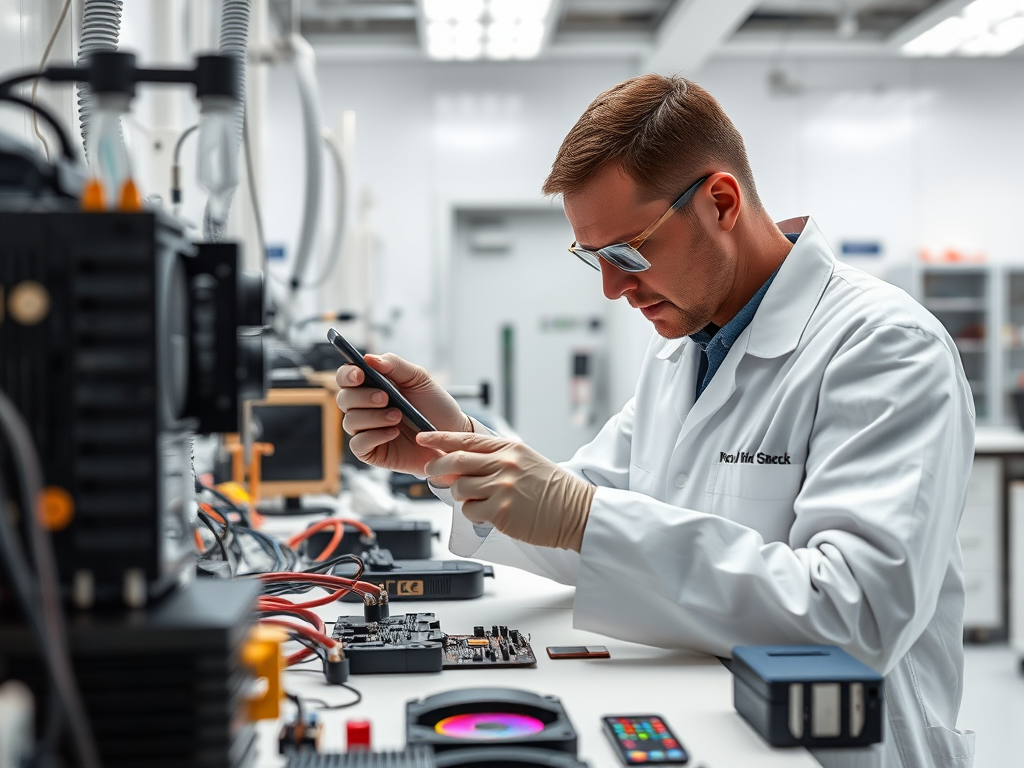 A scientist in a lab coat examines a smartphone while surrounded by electronic components and equipment.