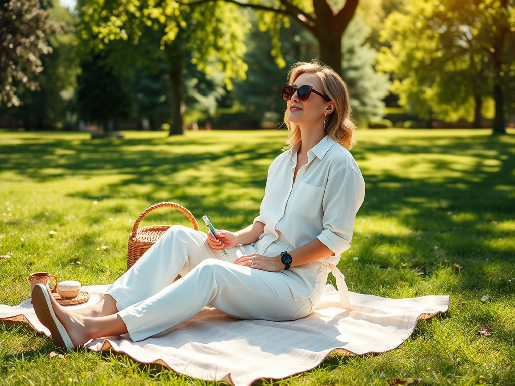 A woman sits on a picnic blanket in a sunlit park, wearing sunglasses and a white outfit, enjoying a peaceful moment.