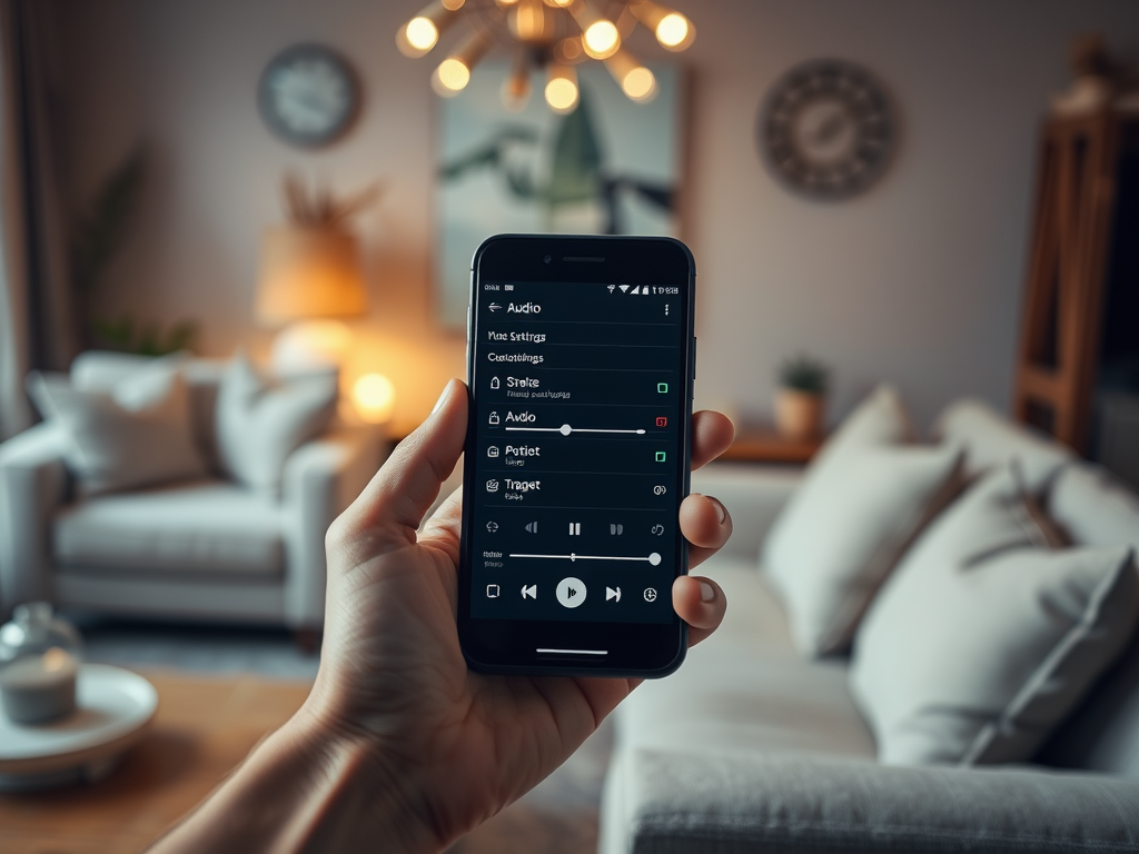 A person holds a smartphone displaying audio settings in a cozy living room with a couch and soft lighting.