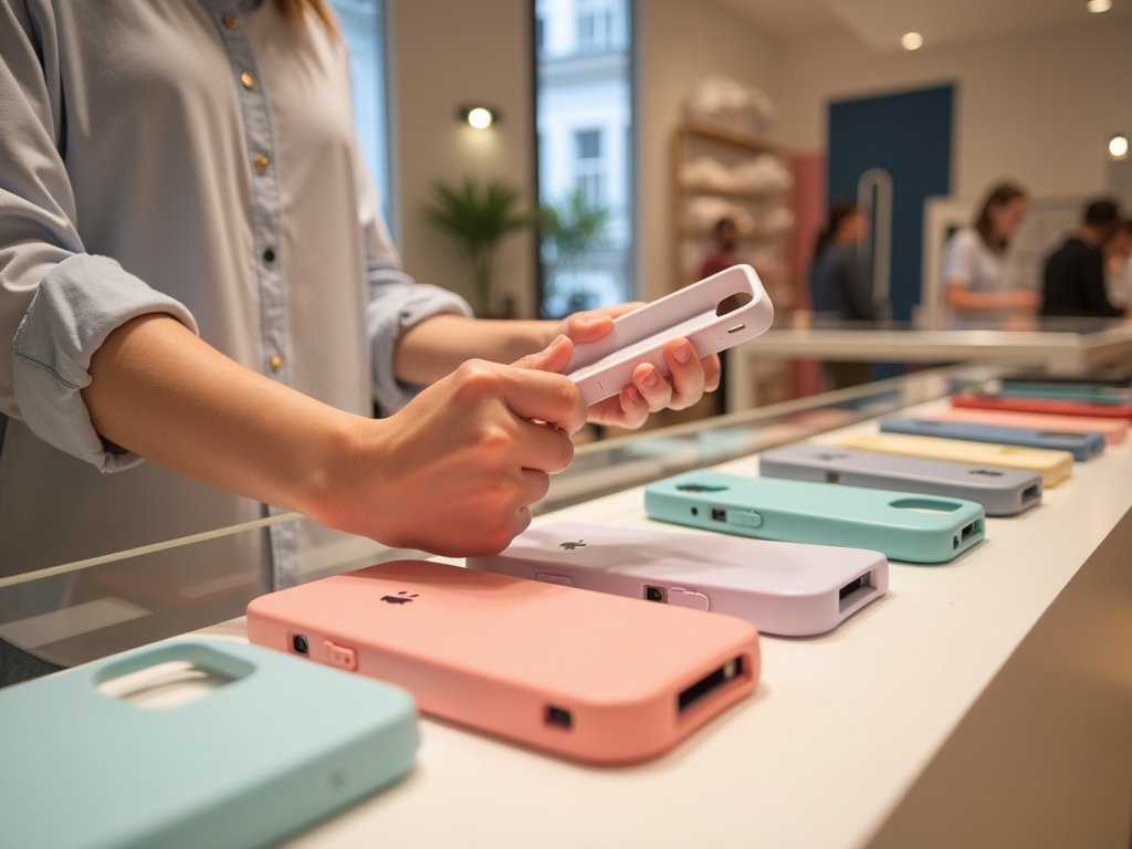 Woman selecting a smartphone case from various colors in a store.