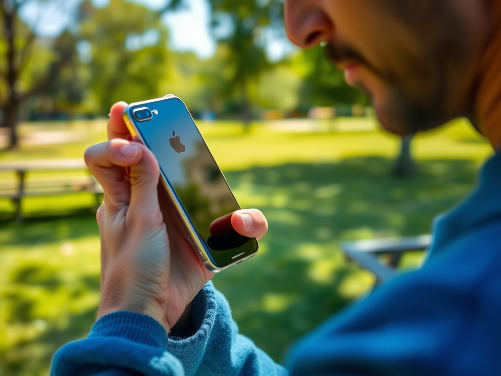 A person holds a smartphone with an Apple logo in a park, with greenery and picnic tables in the background.