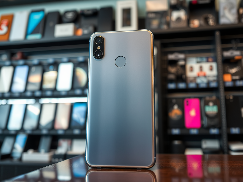 A smartphone displayed from the back in a store, with various phone cases in the background.