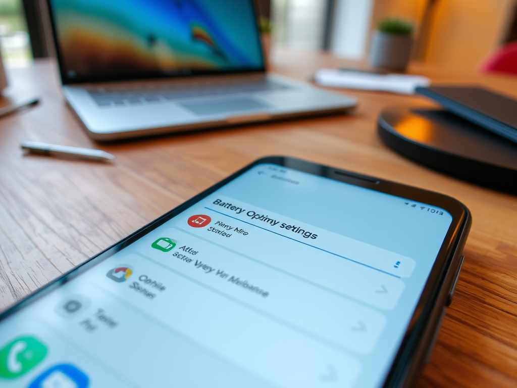 A smartphone displaying battery settings on a wooden desk near a laptop and office supplies.