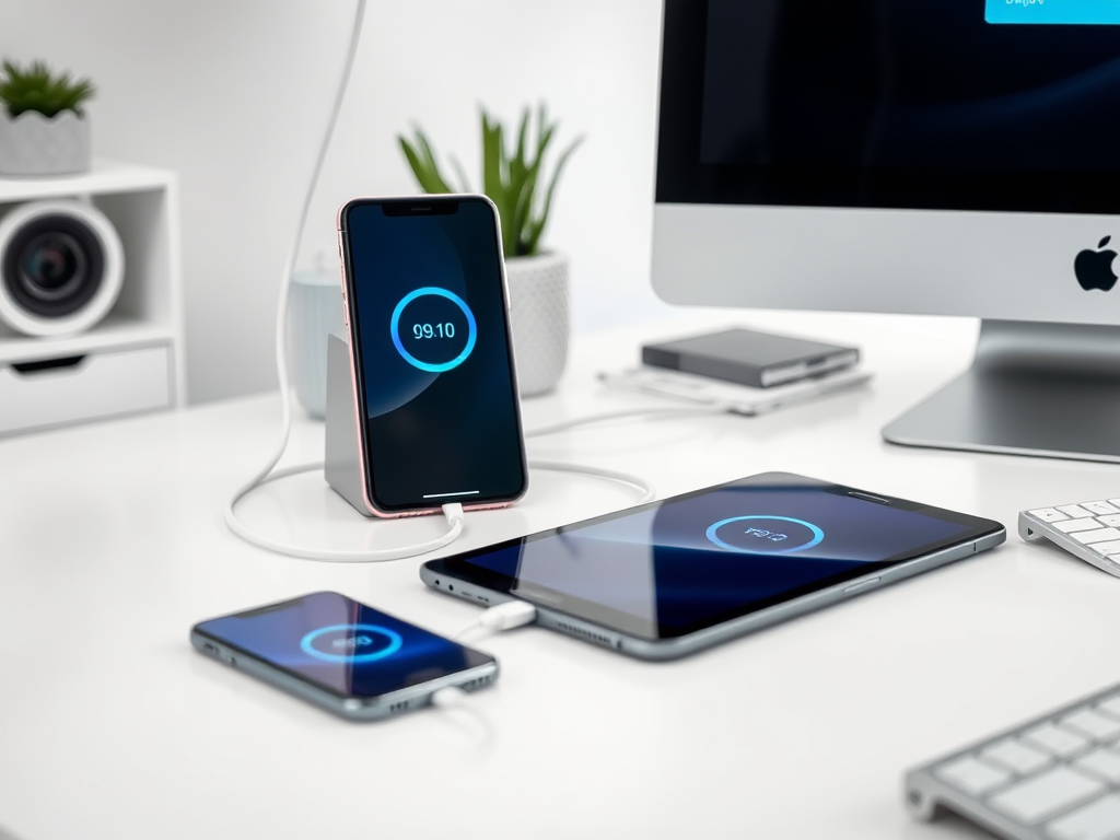 A modern workspace featuring three devices: a phone, tablet, and computer, all showing charging indicators.