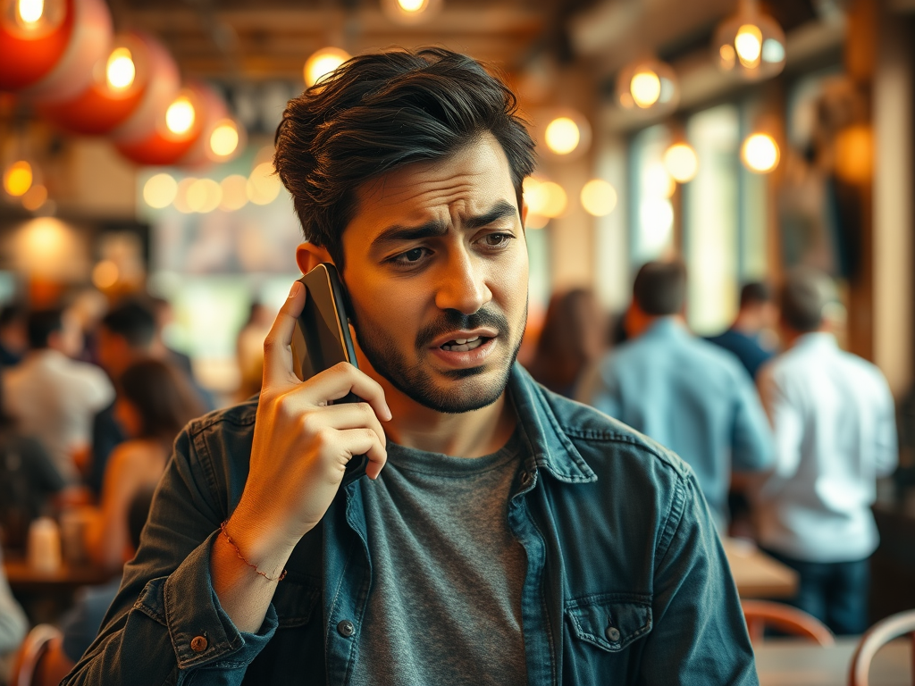 A young man in a denim jacket looks concerned while talking on his phone in a crowded café.