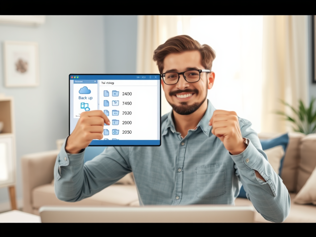 A smiling man in a blue shirt shows a tablet with file backup details, celebrating his successful task.