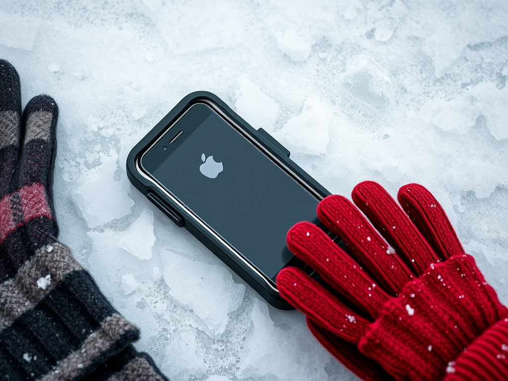 A smartphone with an Apple logo rests on icy ground, surrounded by a pair of patterned and red gloves.