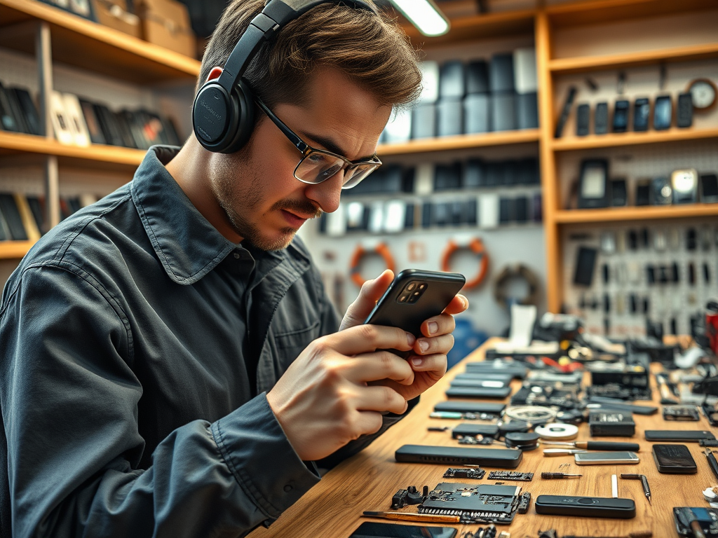 A man in headphones inspects a smartphone while surrounded by various phone parts on a workbench.