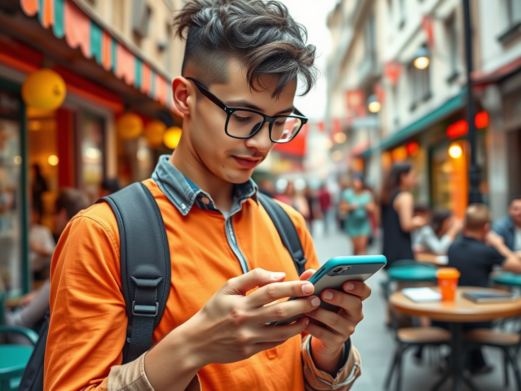 A young man in an orange shirt checks his phone while standing in a busy street filled with people and shops.