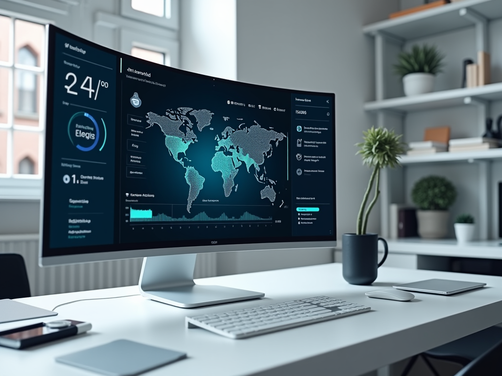 Modern office desk with a computer screen displaying global data analytics and interactive maps.