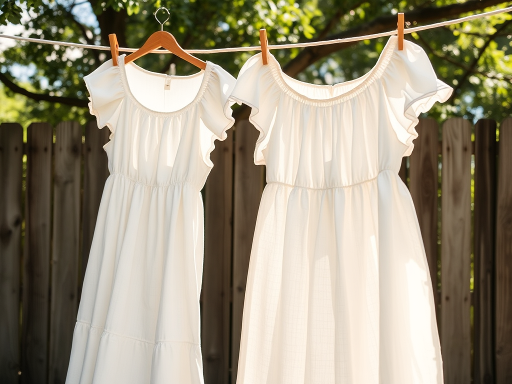 Two white dresses with ruffled sleeves hanging on a clothesline against a wooden fence and green trees.