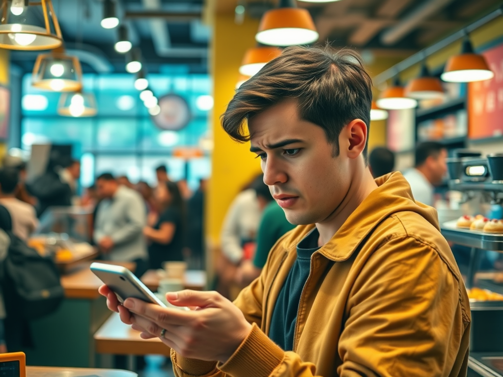 A young man in an orange jacket looks concerned while checking his smartphone in a busy cafe.