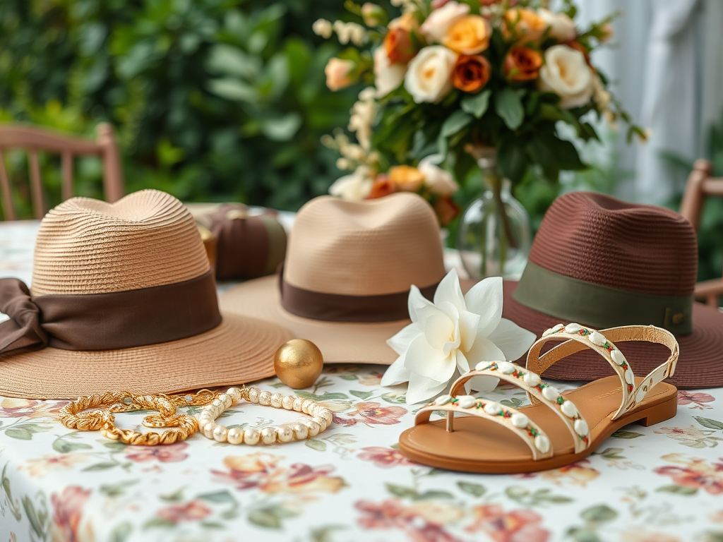 A display of summer accessories: three hats, a pair of sandals, flower decoration, and elegant bracelets on a floral tablecloth.