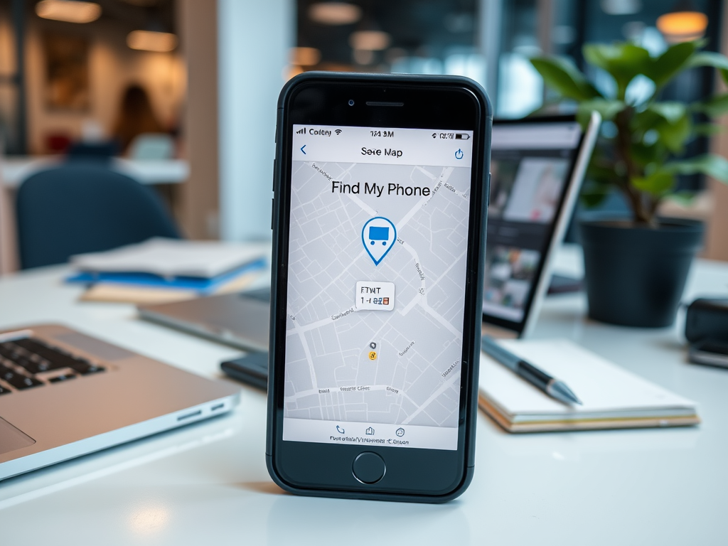 A smartphone displaying "Find My Phone" with a map location on a desk with a laptop and notebook in the background.