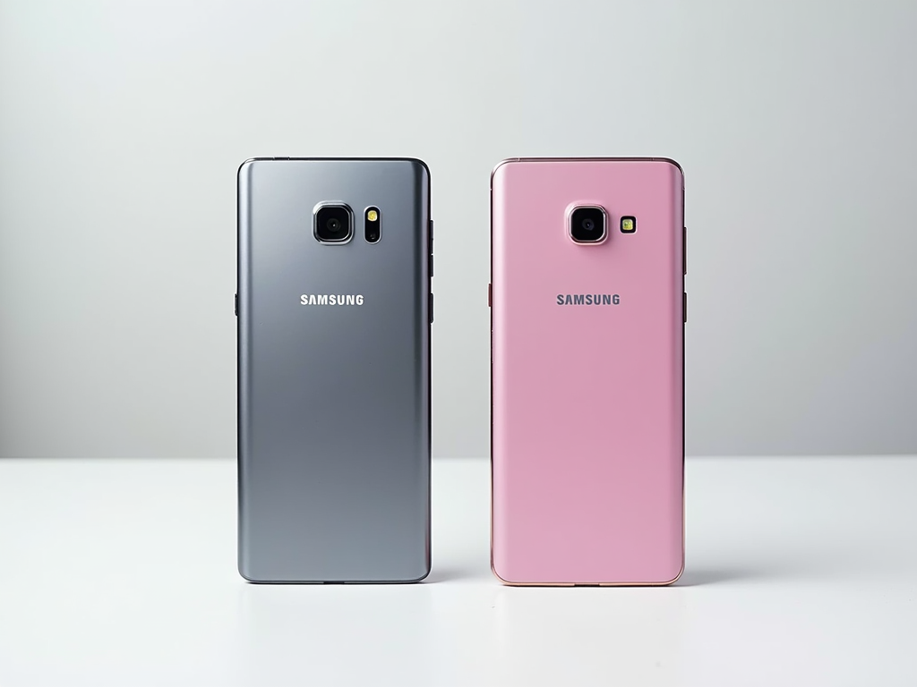 Two Samsung smartphones, one gray and one pink, standing upright on a white surface.