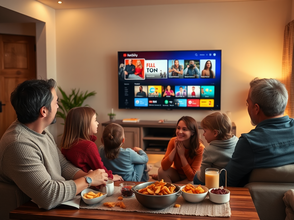 A family enjoys a movie night together, seated on a couch with snacks in front of a large TV displaying streaming content.