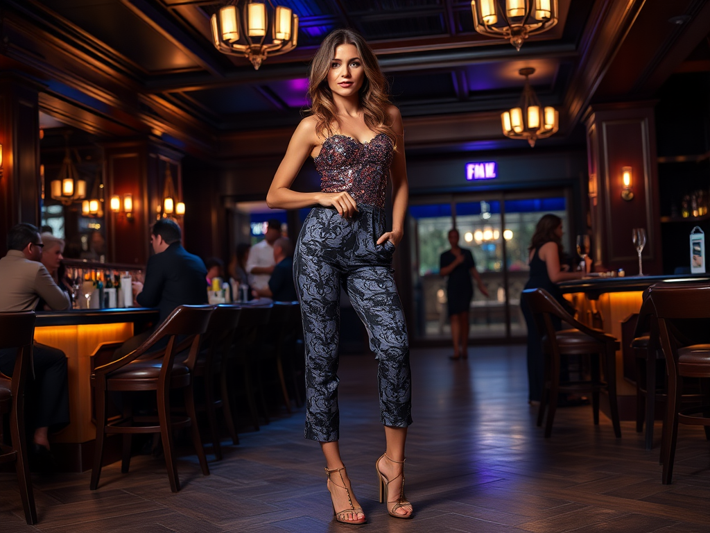 A stylish woman poses confidently in a chic bar, wearing sequined top and elegant pants, with a vibrant atmosphere.