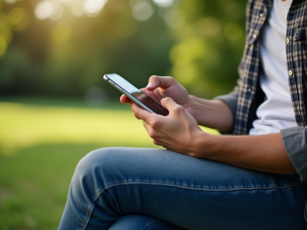 Person using a smartphone in a sunny park, wearing jeans and a plaid shirt.