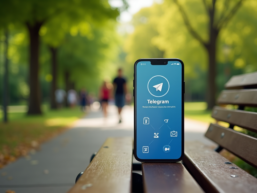 Smartphone displaying Telegram app on screen, resting on a park bench with blurred people in background.