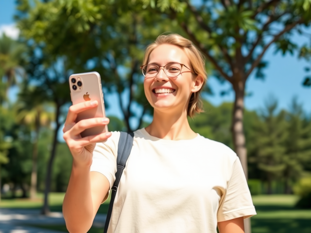 A smiling woman in a light shirt holds a smartphone, enjoying a sunny day in a park.