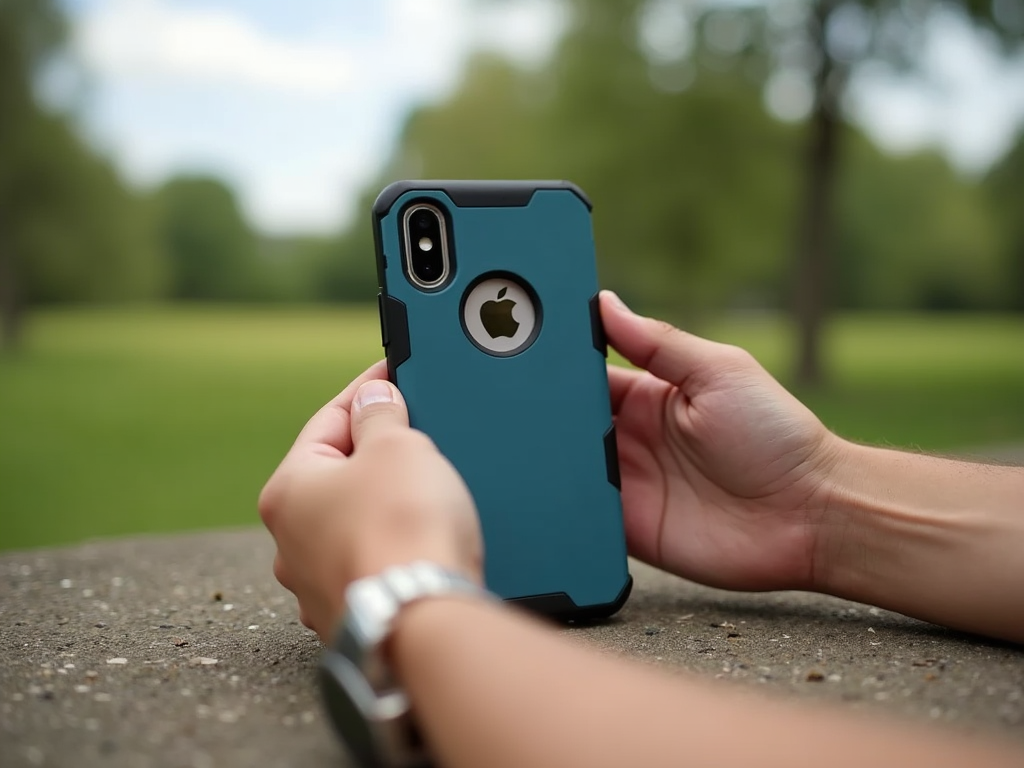 Person holding a smartphone with a blue and black case in a park.