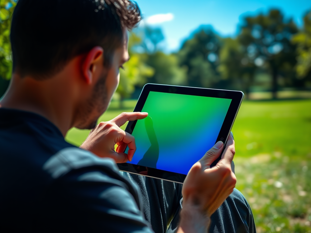 A person sitting outdoors uses a tablet, interacting with a green and blue gradient screen in a sunny park setting.