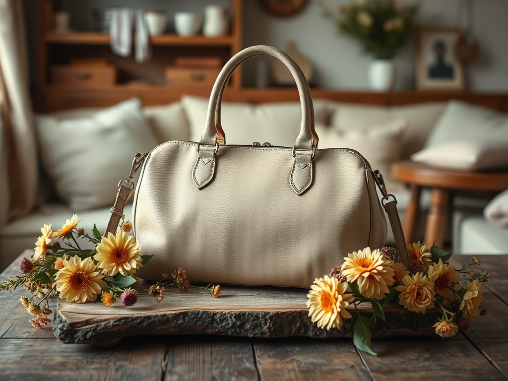 A stylish beige handbag sits on a wooden table, surrounded by vibrant flowers in a cozy, inviting room.