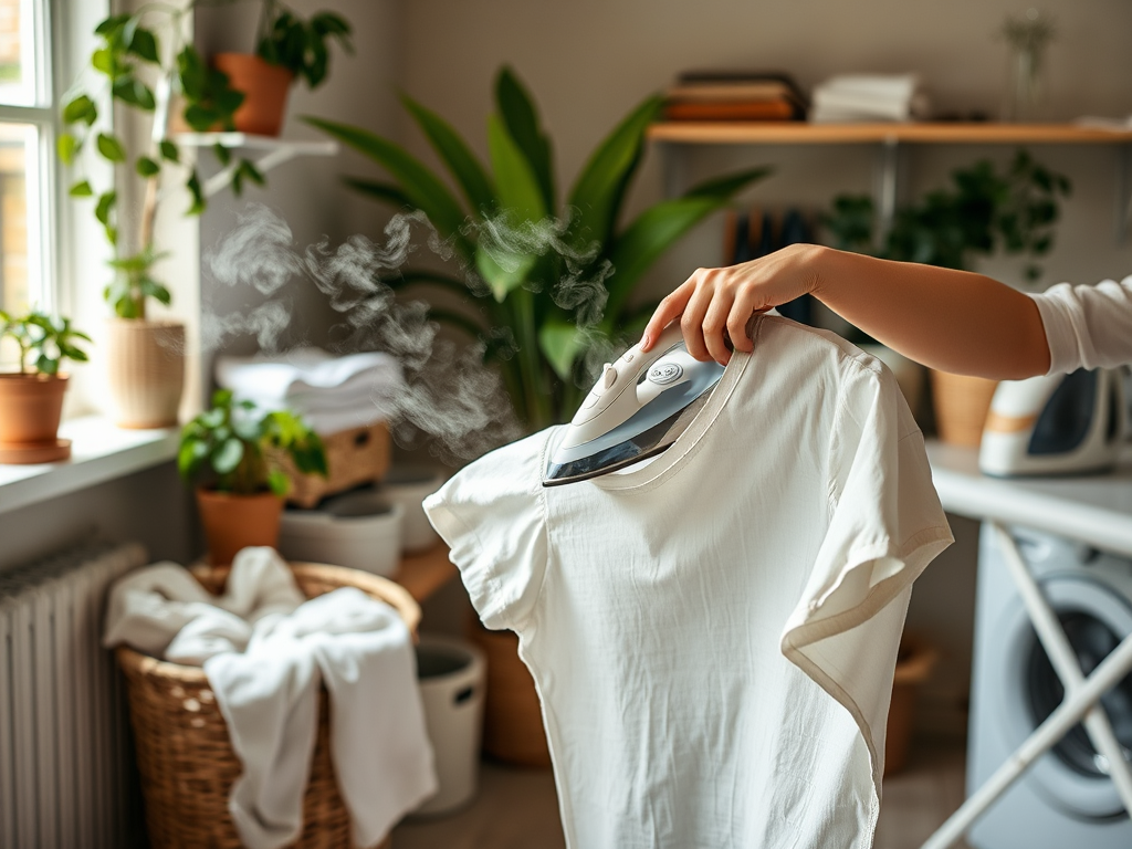 A person steaming a white shirt, surrounded by plants and laundry in a cozy, well-lit room.