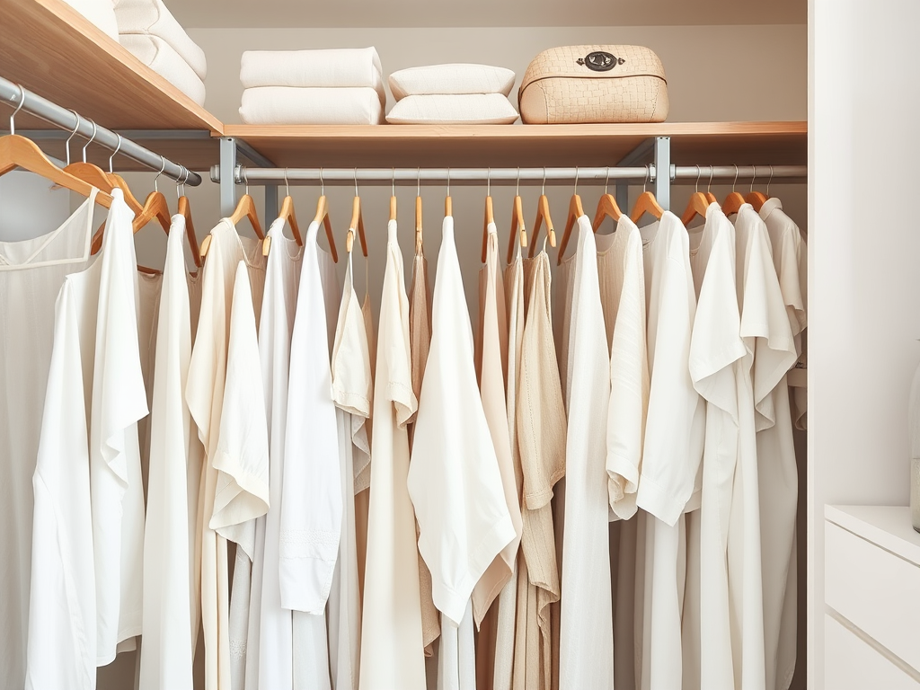A neatly organized closet with hanging clothes in light neutral tones and stacked towels on a shelf above.