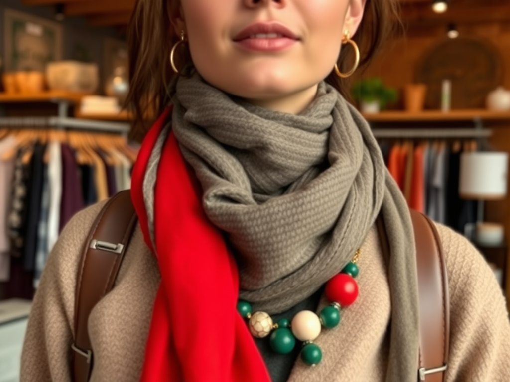 A close-up of a woman wearing a gray scarf, red accent scarf, and colorful necklace, in a clothing store.