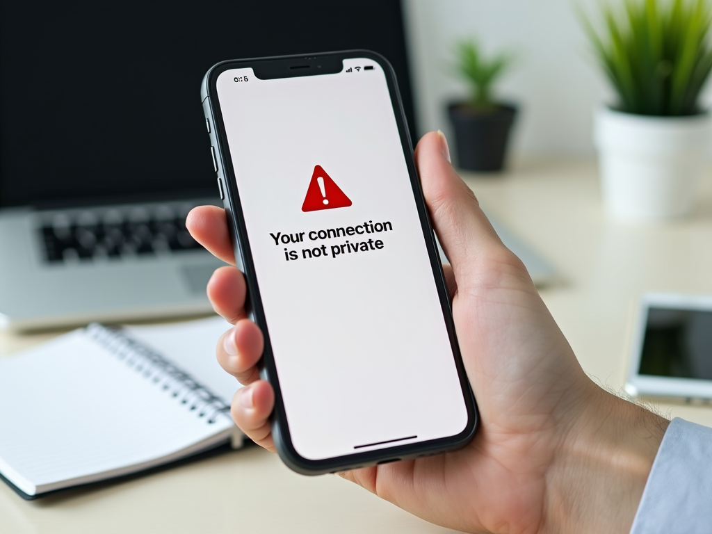 Hand holding smartphone displaying error message "Your connection is not private" with office background.