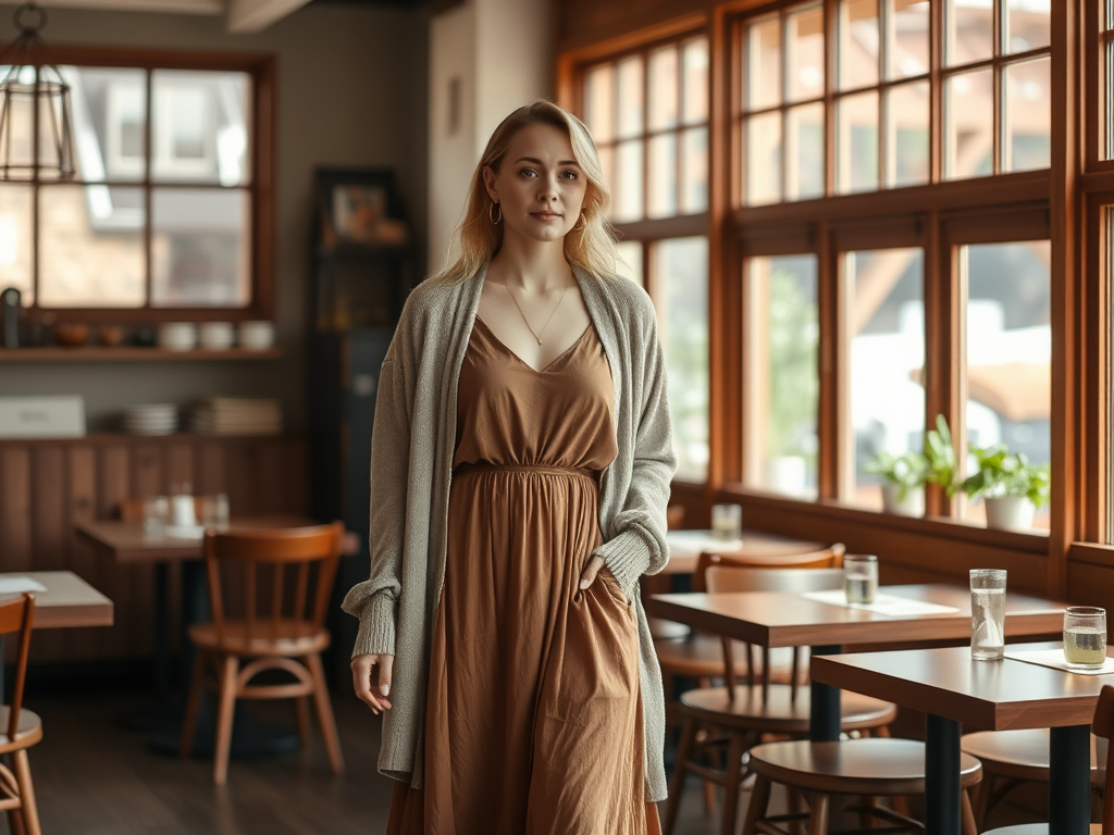 A woman in a brown dress and cardigan stands in a cozy café with wood accents and large windows.