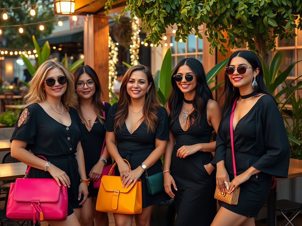 A group of five women in black dresses and sunglasses pose with colorful handbags in a vibrant outdoor setting.