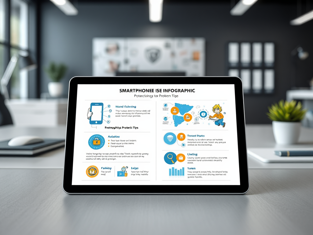 A tablet displays an infographic about smartphone use tips in a modern office setting.