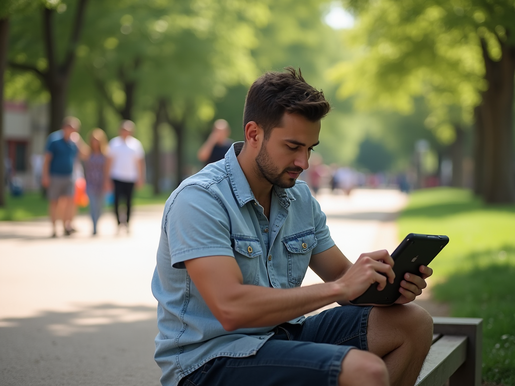 Young man using a smartphone while sitting on a park bench with blurred people in the background.