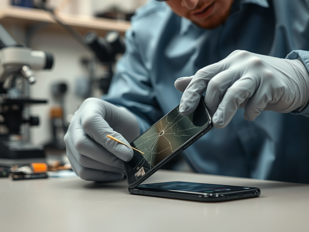 A technician in gloves repairs a cracked smartphone screen using tools in a lab setting.