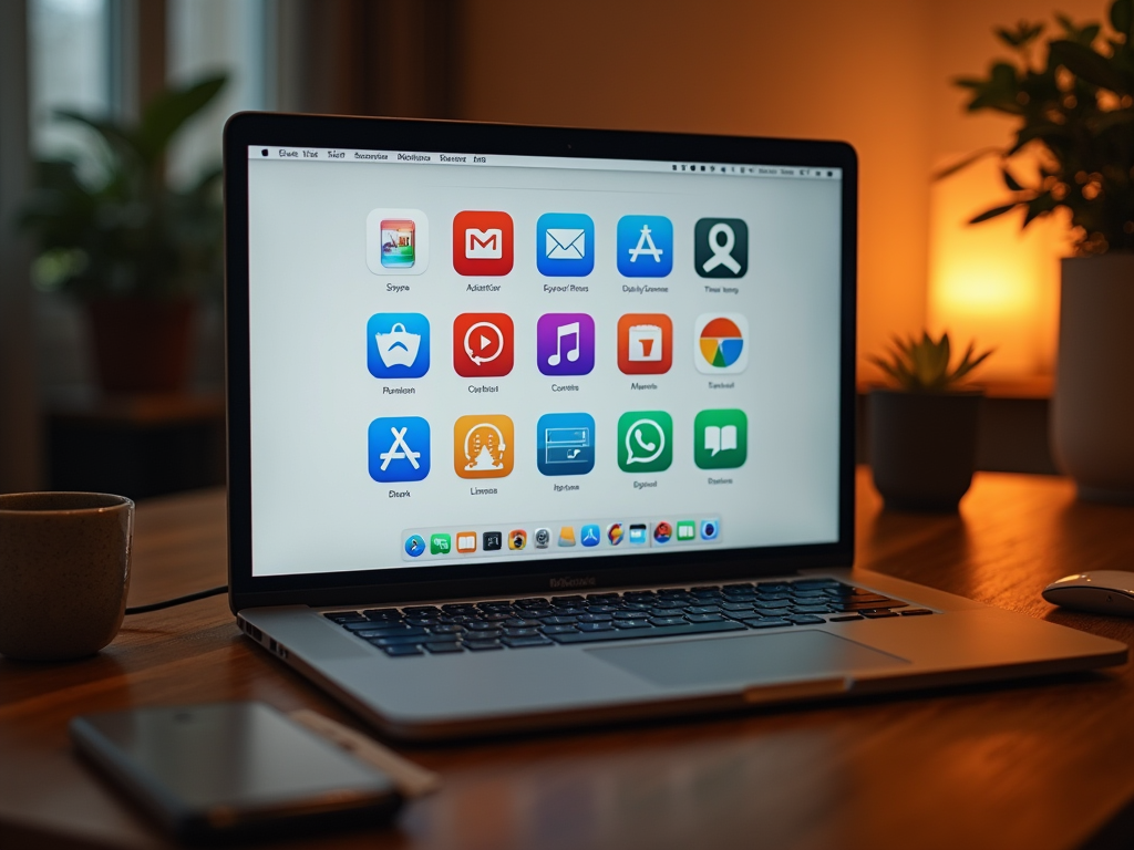 Laptop on a wooden desk displaying colorful app icons, with a coffee cup and plants in the background.