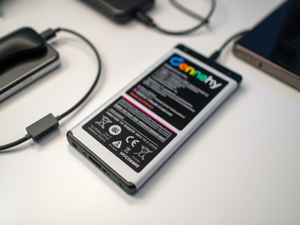 A smartphone battery with cables connected, resting on a white surface alongside other devices.