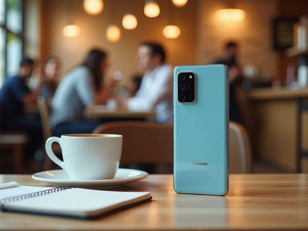 Smartphone on table in a café, next to a coffee cup and notebook, with people in background.