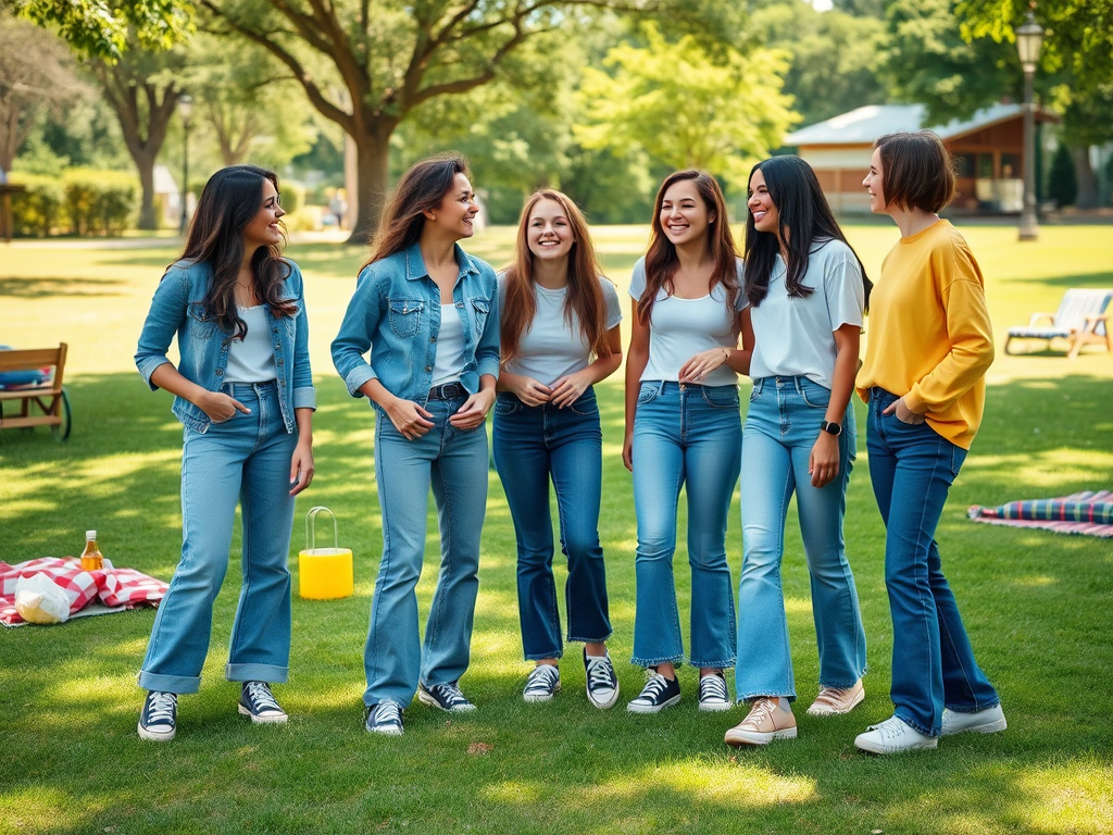 A group of six women in casual outfits laughing together outdoors on a sunny day in a park.