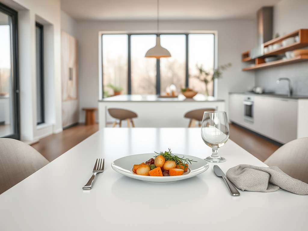A modern dining table set with a plate of colorful food, a glass of water, and a neatly folded napkin.