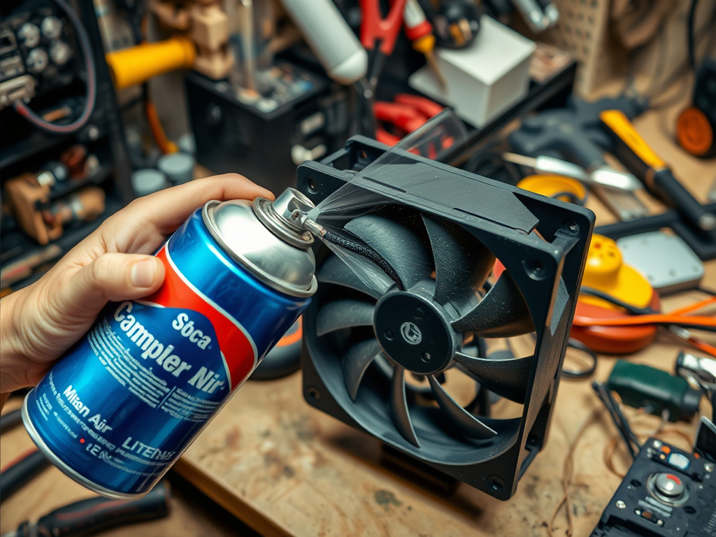 A person uses a can of compressed air to clean a computer fan on a cluttered workbench.