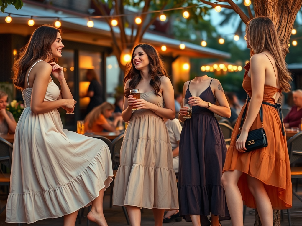 A group of four women in dresses enjoy drinks together in a lively outdoor setting, adorned with string lights.