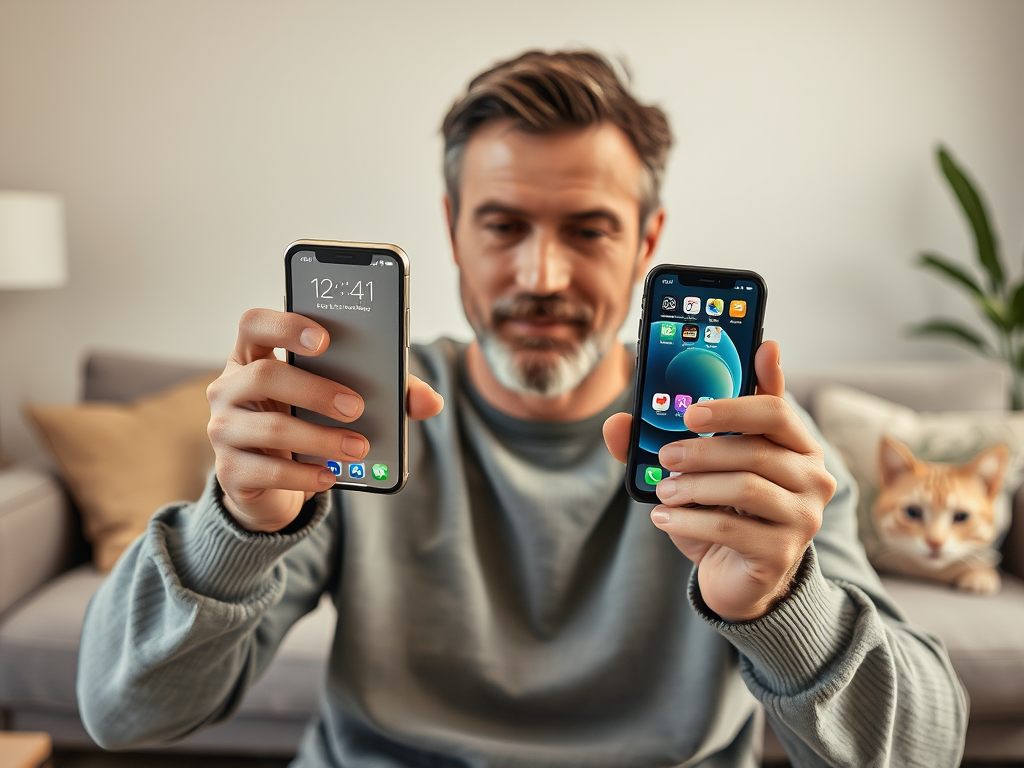 A man holds two smartphones, comparing them, with a cat sitting on the couch in the background.