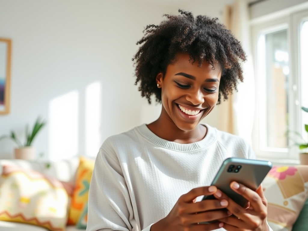 A smiling woman with curly hair holds a smartphone, enjoying a moment in a bright, cozy room.