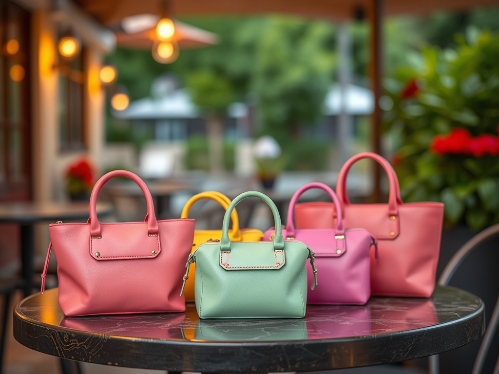 A collection of colorful handbags in pink, green, and yellow displayed on a table in an outdoor setting.