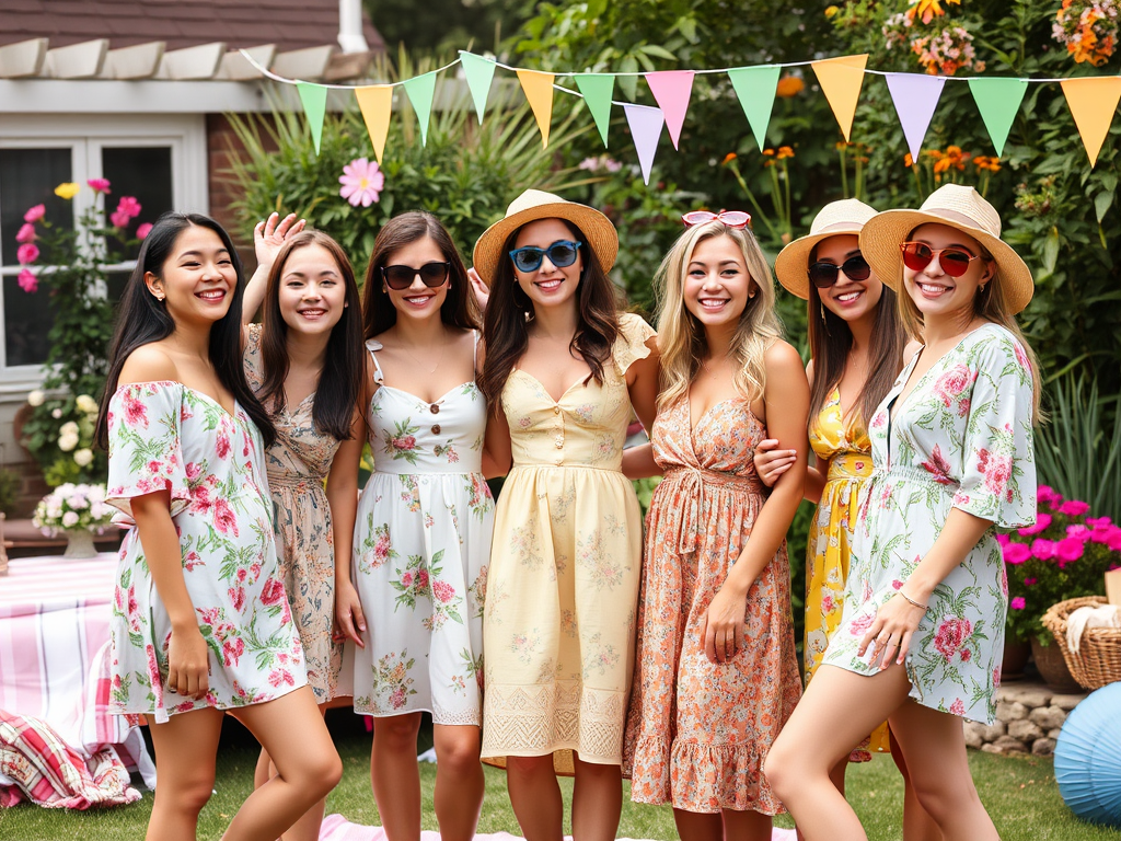 A group of seven women in colorful summer dresses, smiling at a garden party with decorations and flowers.