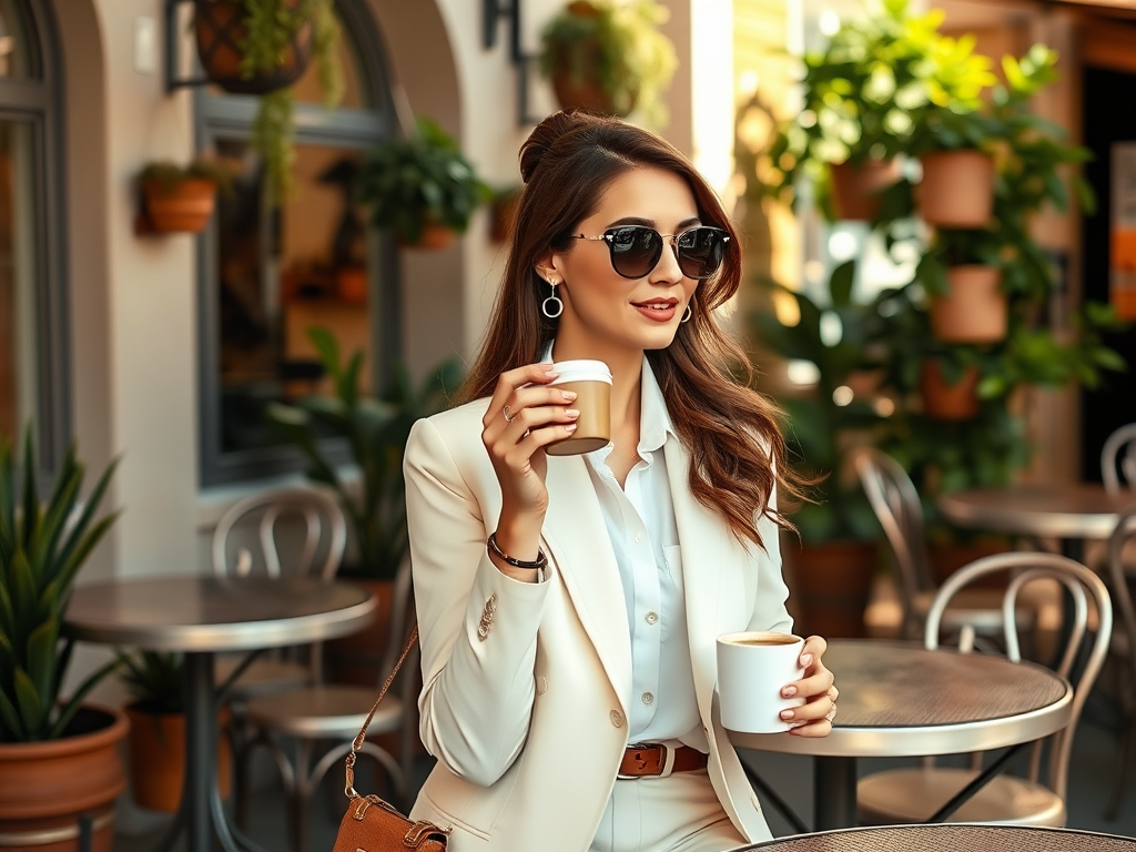 A woman in a stylish suit sits at a café table, holding a cup of coffee and enjoying her surroundings.