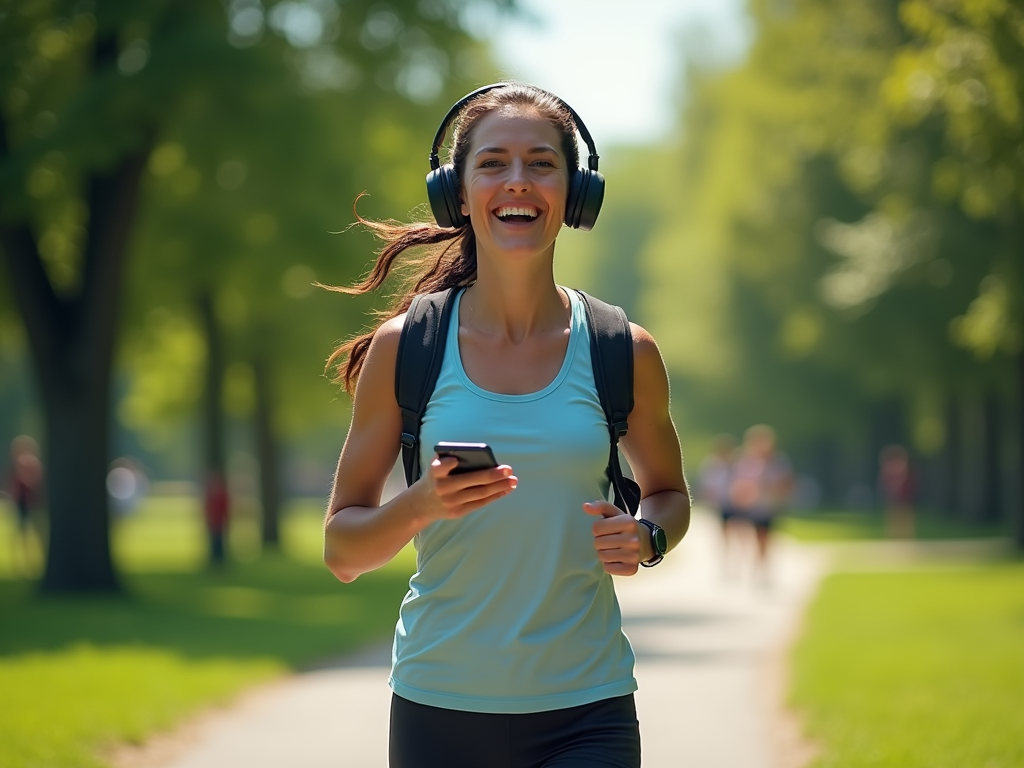 Woman jogging in park with headphones and smartphone, smiling and enjoying sunny day.