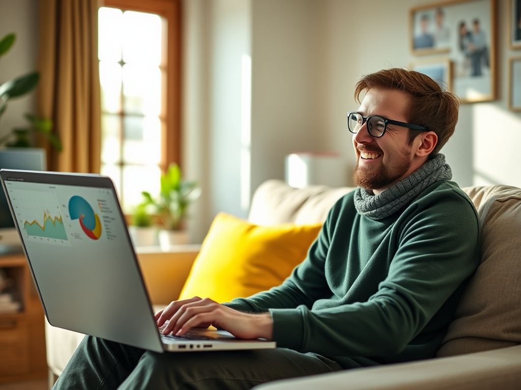 A smiling man in glasses works on a laptop, analyzing charts in a cozy, bright living room.